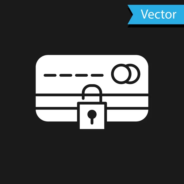 Vit kreditkort med lås ikon isolerad på svart bakgrund. Låst bankkort. Säkerhet, trygghet, skydd. Begreppet säker betalning. Vektor Illustration — Stock vektor