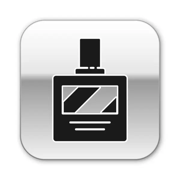 Icono de Aftershave negro aislado sobre fondo blanco. Icono de spray de Colonia. Frasco de perfume masculino. Botón cuadrado plateado. Ilustración vectorial — Vector de stock