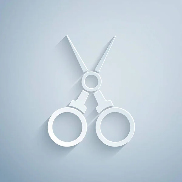 Paper cut Scissors Friseursymbol isoliert auf grauem Hintergrund. Friseur, Modesalon und Friseursalon. Barbershop-Symbol. Papierkunst. Vektorillustration — Stockvektor