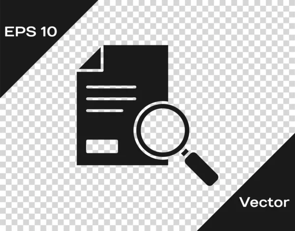 Documento negro con icono de búsqueda aislado sobre fondo transparente. Icono de archivo y lupa. Signo de investigación analítica. Ilustración vectorial — Vector de stock