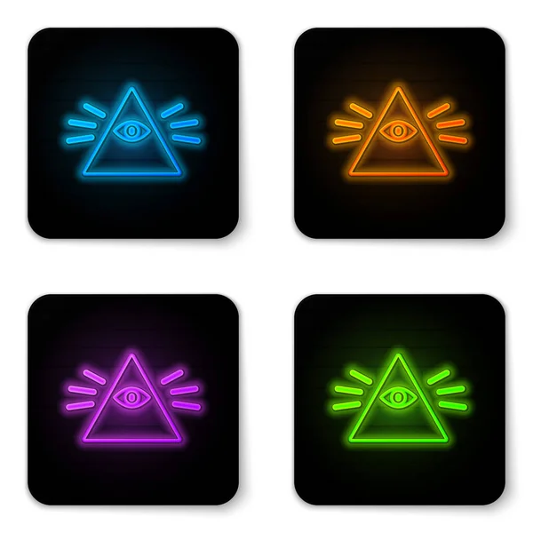 Glowing neon Masons symbol All-seeing eye of God icon isolated on white background. The eye of Providence in the triangle. Black square button. Vector Illustration — Stock Vector