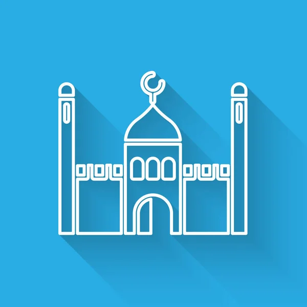 Fehér vonal muzulmán mecset ikon elszigetelt hosszú árnyék. Vektorillusztráció — Stock Vector