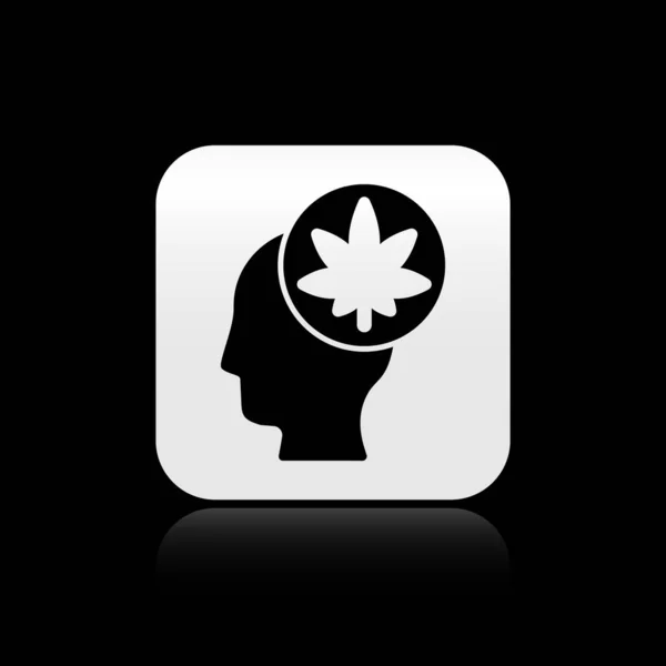 Black Male head in profile with marijuana or cannabis leaf icon isolated on black background. Marijuana legalization. Hemp symbol. Silver square button. Vector Illustration — Stock Vector
