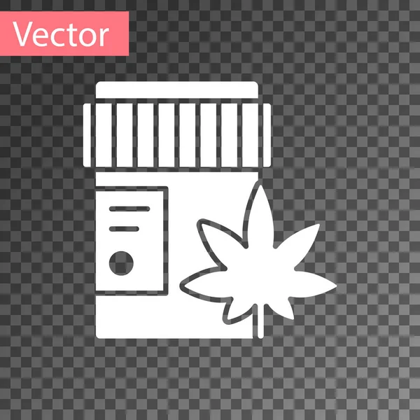 Flacon médical blanc avec icône de marijuana ou de feuille de cannabis isolé sur fond transparent. Maquette d'extraits d'huile de cannabis dans des pots. Illustration vectorielle — Image vectorielle