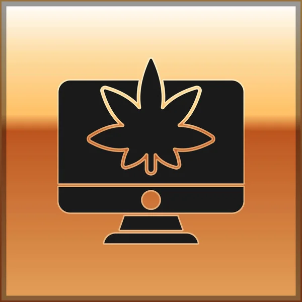 Black Computer monitor and medical marijuana or cannabis leaf icon isolated on gold background. Online buying. Supermarket basket. Vector Illustration — Stock Vector