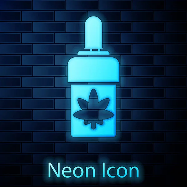 Neon incandescente Marijuana medica o foglia di cannabis icona goccia di olio d'oliva isolato su sfondo muro di mattoni. Estratto di cannabis. Simbolo di canapa. Illustrazione vettoriale — Vettoriale Stock