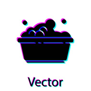 Beyaz zemin üzerinde sabun köpükleri olan siyah plastik leğen. Sulu kase. Çamaşır yıkama, temizlik malzemeleri. Vektör İllüstrasyonu