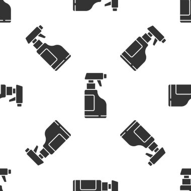 Deterjan ikonlu gri temizlik spreyi şişesi beyaz arka planda izole edilmiş dikişsiz desen. Vektör İllüstrasyonu