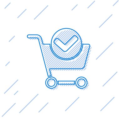 Beyaz arkaplanda işaret simgesi olan mavi çizgi alışveriş arabası. Süpermarket sepeti onaylandı, onaylandı, tik takıldı, tamamlandı. Vektör İllüstrasyonu
