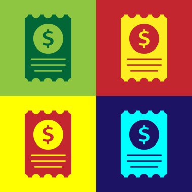 Pop Art Kağıt Kontrolü ve finansal kontrol simgesi renkli arkaplanda izole edildi. Kağıt baskı çeki, makbuz ya da fatura. Vektör İllüstrasyonu