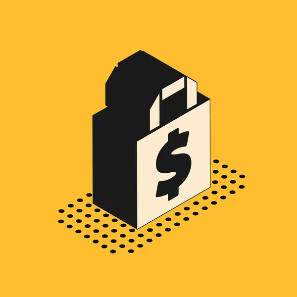Isometrisk Shoping väska och dollar symbol ikon isolerad på gul bakgrund. Handväska tecken. Kvinnlig väska ikon. Kvinnlig handväska tecken. Vektor Illustration — Stock vektor