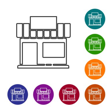 Siyah hat alışveriş binası ya da market simgesi beyaz arka planda izole edilmiş. Dükkan inşaatı. Simgeleri renk daire düğmelerine ayarla. Vektör İllüstrasyonu