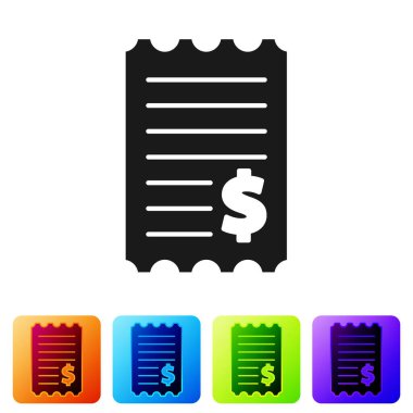 Siyah kağıt kontrolü ve mali kontrol simgesi beyaz arka planda izole edildi. Kağıt baskı çeki, makbuz ya da fatura. Renkli kare düğmelerle simgeleri ayarla. Vektör İllüstrasyonu