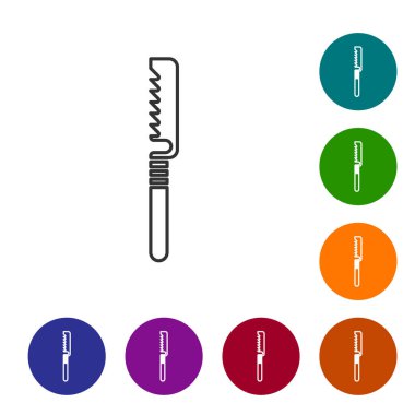 Siyah çizgi Medikal, beyaz arka planda izole edilmiş bir ikon gördü. Kemik kesmek, uzuv kesmek ve kemik nakli için cerrahi testere tasarlandı. Simgeleri renk daire düğmelerine ayarla. Vektör İllüstrasyonu