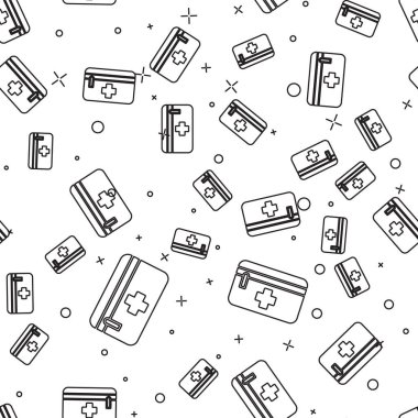 Siyah çizgi ilk yardım çantası simgesi beyaz arkaplanda pürüzsüz desen izole etti. Haçlı sağlık kutusu. Acil durumlar için tıbbi ekipman. Sağlık sigortası konsepti. Vektör İllüstrasyonu