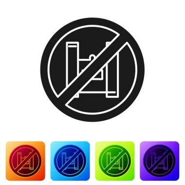 Siyah, beyaz arka planda izole edilmiş plastik poşet poster ikonuna hayır diyor. Tek kullanımlık selofan ve politen paket yasaklama işareti. Renkli kare düğmelerle simgeleri ayarla. Vektör İllüstrasyonu