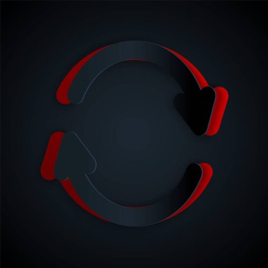 Kağıt kesiği ikonu siyah arkaplanda izole edildi. Sembolü yeniden yükle. Döndürme okları daire işareti şeklinde. Kağıt sanatı tarzı. Vektör İllüstrasyonu