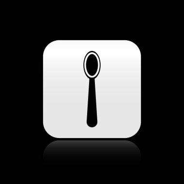 Siyah arka planda izole edilmiş siyah tek kullanımlık plastik kaşık simgesi. Gümüş kare düğme. Vektör İllüstrasyonu
