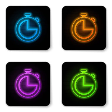 Parlayan neon mutfak zamanlayıcı simgesi beyaz arkaplanda izole edildi. Mutfak aletleri. Siyah kare düğme. Vektör İllüstrasyonu