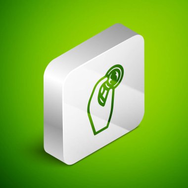 Isometric Line Hand para ikonunu yeşil arka planda tutuyor. Dolar ya da USD sembolü. Nakit bankacılık tabelası. Gümüş kare düğme. Vektör İllüstrasyonu