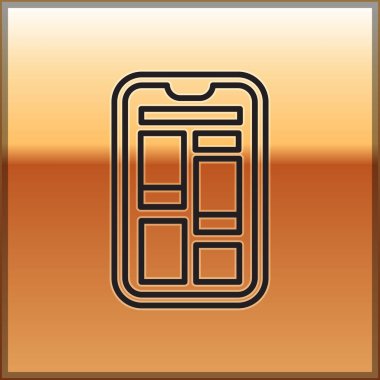 Siyah Hat Online, altın arka planda izole edilmiş cep telefonu simgesinden alışveriş yapıyor. İnternet dükkanı, mobil mağaza uygulaması ve faturalar. Vektör İllüstrasyonu