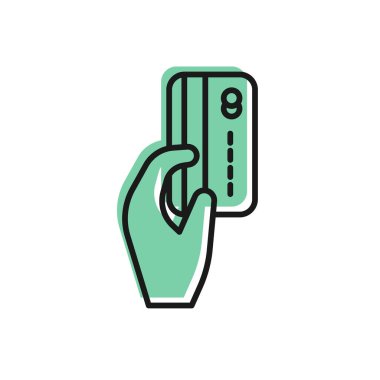 Siyah çizgi Beyaz arka plan üzerinde izole kredi kartı simgesi ile tutan Insan el. Online ödeme. Kartla ödeyin. Finansal operasyonlar. Vektör İllüstrasyonu