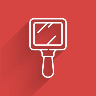 Beyaz çizgi El ayna ikonu uzun gölgeli izole edilmiş. Vektör İllüstrasyonu