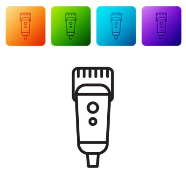 Beyaz arka planda siyah çizgi elektrikli saç kırpıcısı ya da traş ikonu var. Berber dükkanı sembolü. Renkli kare düğmelerle simgeleri ayarla. Vektör İllüstrasyonu