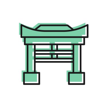 Siyah çizgi Japon kapısı simgesi beyaz arkaplanda izole edildi. Torii kapı işareti. Geleneksel Japon klasik geçit sembolü. Vektör İllüstrasyonu