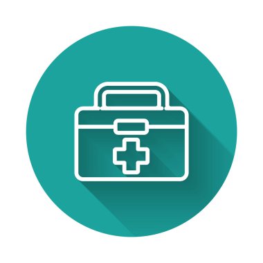 Beyaz çizgi ilk yardım çantası simgesi uzun gölgeli izole edildi. Haçlı sağlık kutusu. Acil durumlar için tıbbi ekipman. Sağlık sigortası konsepti. Yeşil daire düğmesi. Vektör İllüstrasyonu