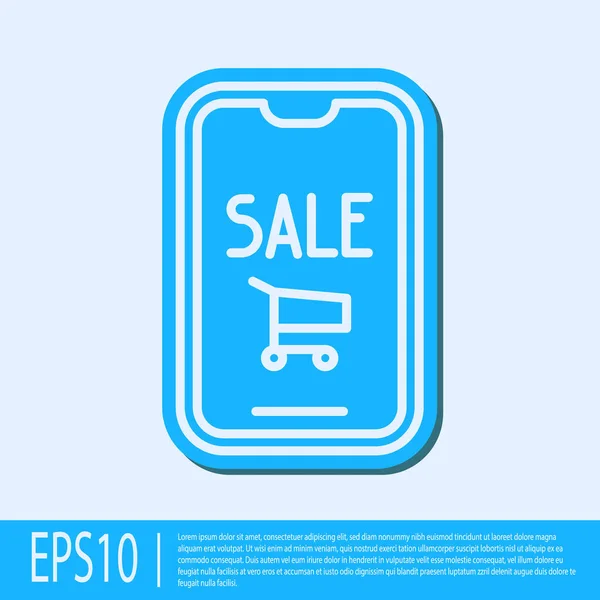 Blue line Mobile phone and shopping cart icon isolated on grey background. Online buying symbol. Supermarket basket symbol. Vector Illustration