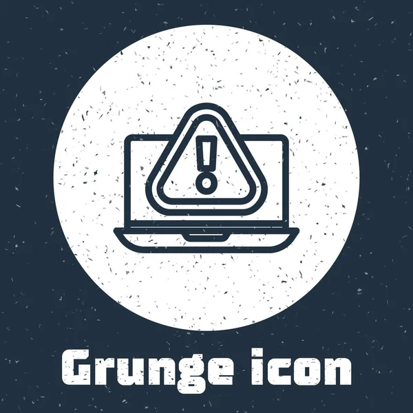 Grunge Line Laptop Mit Ausrufezeichen Symbol Auf Grauem Hintergrund Alarmmeldung — Stockvektor