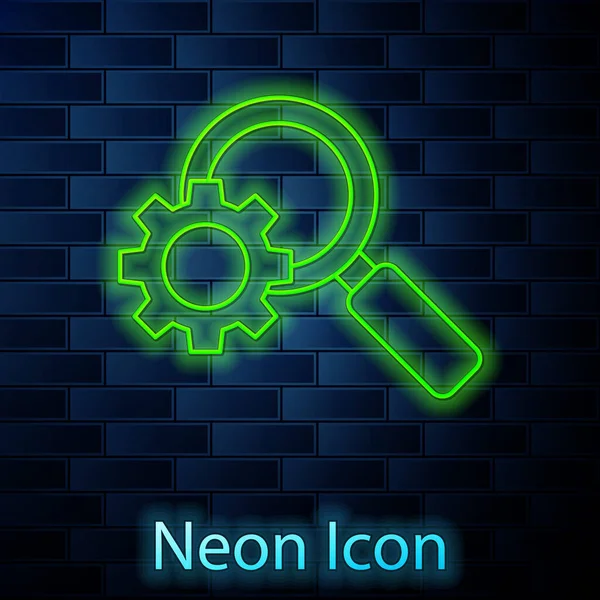 Glödande Neon Linje Förstoringsglas Och Redskap Ikon Isolerad Tegel Vägg — Stock vektor