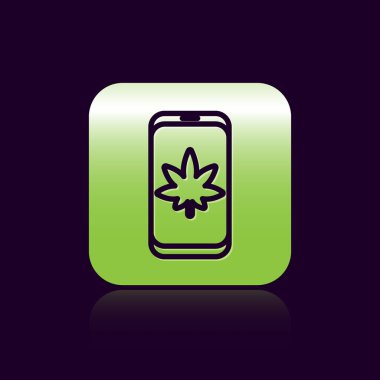 Siyah çizgi cep telefonu ve tıbbi marihuana veya siyah arka planda izole edilmiş kenevir yaprağı ikonu. İnternetten satın alma sembolü. Süpermarket sepeti. Yeşil kare düğmesi. Vektör İllüstrasyonu