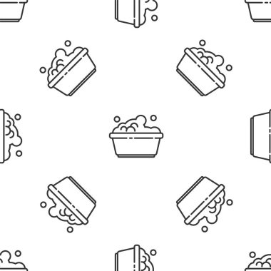 Sabun köpüklü gri çizgi plastik leğen beyaz arka planda izole edilmiş pürüzsüz desen. Sulu kase. Çamaşır yıkama, temizlik malzemeleri. Vektör İllüstrasyonu