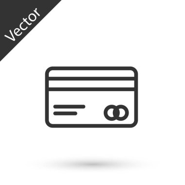 Gri çizgi kredi kartı simgesi beyaz arkaplanda izole edildi. Çevrimiçi ödeme. Nakit çekilmesi. Finansal operasyonlar. Alışveriş tabelası. Vektör İllüstrasyonu