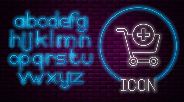 Ragyogó Neon Vonal Hozzáadás Bevásárlókosárba Ikon Elszigetelt Téglafal Háttér Online — Stock Vector