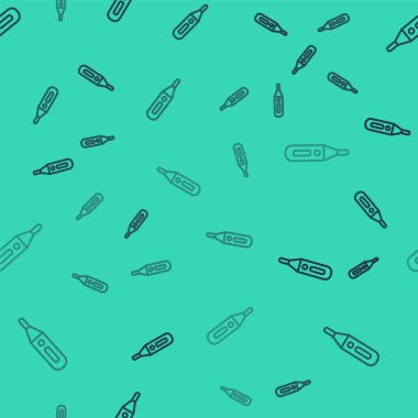 Tıbbi inceleme ikonu için siyah çizgi dijital termometresi yeşil arka planda izole edilmiş pürüzsüz desen. Vektör İllüstrasyonu