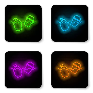 Parlayan neon hattı beyaz arka planda izole edilmiş okyanus ikonu kirliliği sorunu. Çöpler, plastikler, denizdeki poşetler. Siyah kare düğme. Vektör İllüstrasyonu