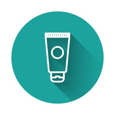 Beyaz çizgi krem ya da uzun gölgeli losyon kozmetik tüp ikonu. Erkekler için vücut bakım ürünleri. Yeşil daire düğmesi. Vektör İllüstrasyonu