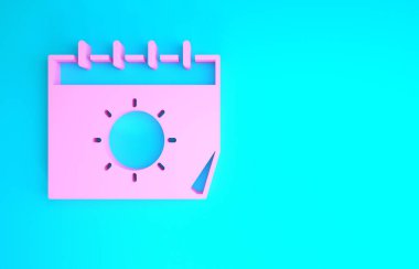Pembe takvim ve güneş ikonu mavi arkaplanda izole edilmiş. Olay hatırlatma sembolü. Minimalizm kavramı. 3d illüstrasyon 3B canlandırma