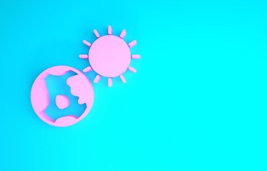 Pembe Dünya küresi ve mavi arka planda izole edilmiş güneş ikonu. Dünya ya da Dünya işareti. Küresel internet sembolü. Geometrik şekiller. Minimalizm kavramı. 3d illüstrasyon 3B canlandırma