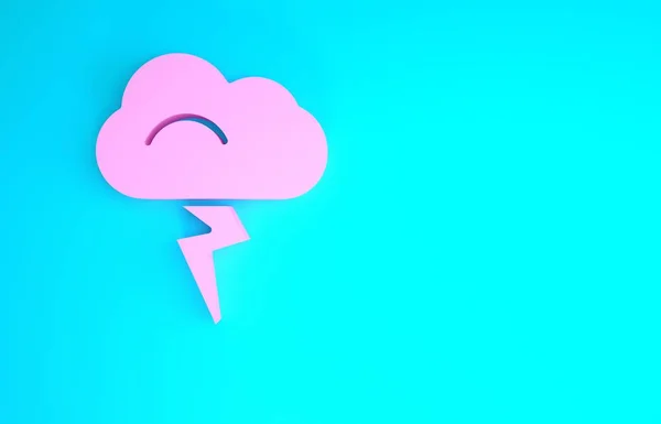 Ícone de tempestade rosa isolado no fundo azul. Sinal de nuvem e relâmpago. Ícone meteorológico da tempestade. Conceito de minimalismo. 3D ilustração 3D render — Fotografia de Stock