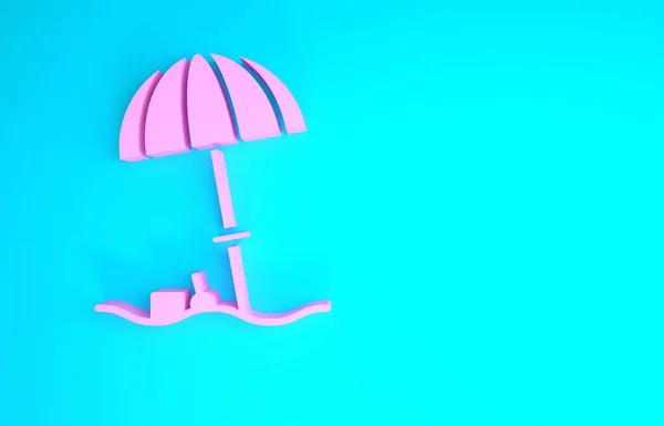 Mavi arka planda izole edilmiş plaj ikonu için pembe güneş koruyucu şemsiye. Açık alan için büyük bir şemsiye. Plaj şemsiyesi Minimalizm kavramı. 3d illüstrasyon 3B canlandırma — Stok fotoğraf