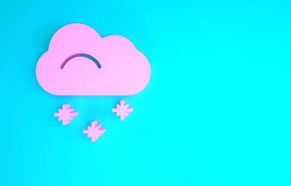 Różowa chmura z ikoną śniegu na niebieskim tle. Chmura z płatkami śniegu. Pojedyncza ikona pogody. Znak śniegu. Koncepcja minimalizmu. Ilustracja 3D 3D renderowania — Zdjęcie stockowe