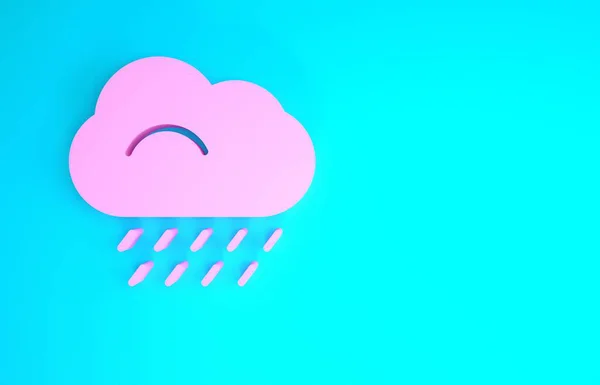 Nube rosa con icono de lluvia aislado sobre fondo azul. precipitación de nubes de lluvia con gotas de lluvia. Concepto minimalista. 3D ilustración 3D render — Foto de Stock