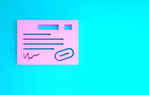 Rózsaszín garancia tanúsítvány sablon ikon elszigetelt kék háttér. Minimalizmus koncepció. 3d illusztráció 3D render — Stock Fotó
