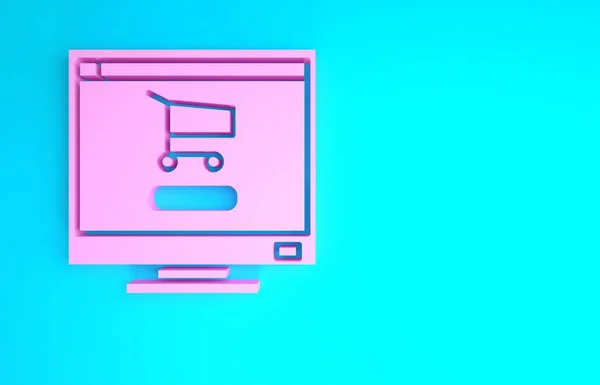 Ekran bilgisayarındaki pembe alışveriş arabası mavi arka planda izole edilmiş. Konsept e-ticaret, e-ticaret, online iş pazarlama. Minimalizm kavramı. 3d illüstrasyon 3B canlandırma — Stok fotoğraf
