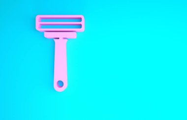 Mavi arkaplanda pembe tıraş makinesi simgesi var. Minimalizm kavramı. 3d illüstrasyon 3B canlandırma