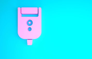 Mavi arka planda izole edilmiş erkek simgesi için pembe elektrikli tıraş bıçağı. Elektrikli tıraş makinesi. Minimalizm kavramı. 3d illüstrasyon 3B canlandırma